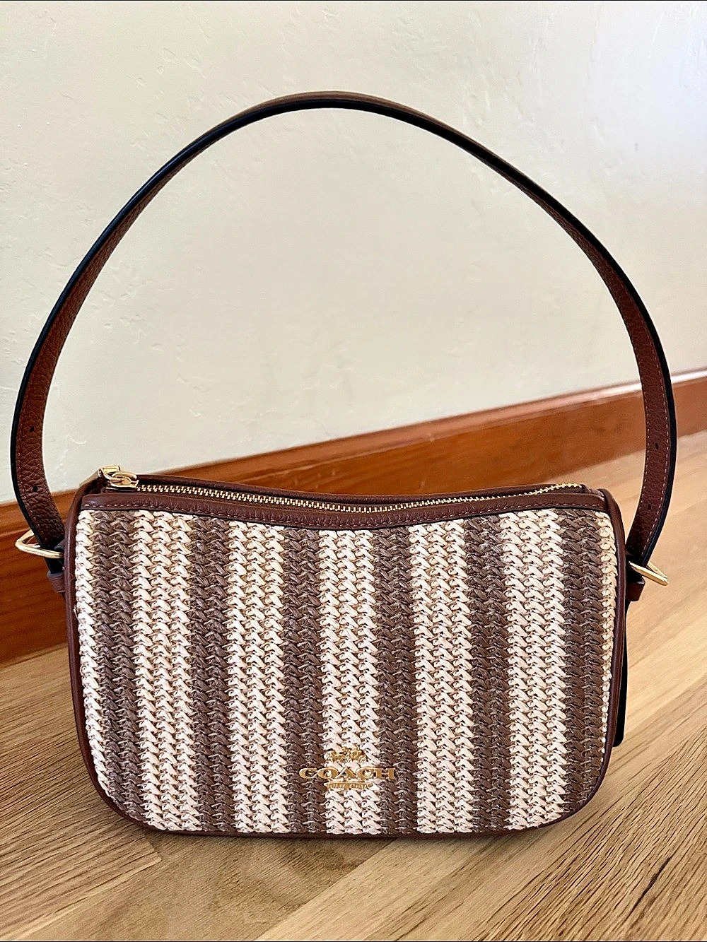 Coach Teri Shoulder Bag With Stripes And Charm Brown & Cream